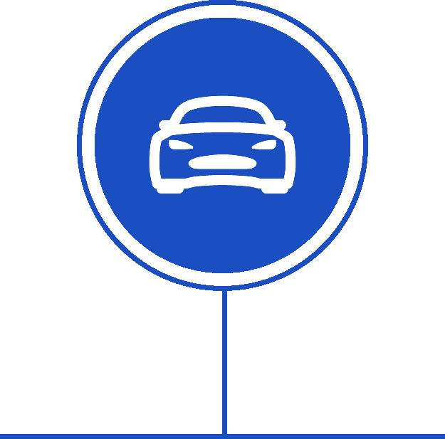 A blue sign with an image of a car on it.